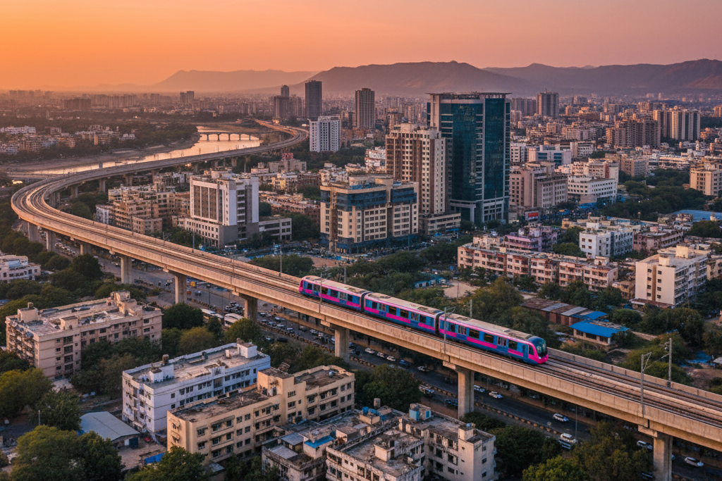 Pune skyline with metro line symbolizing urban growth